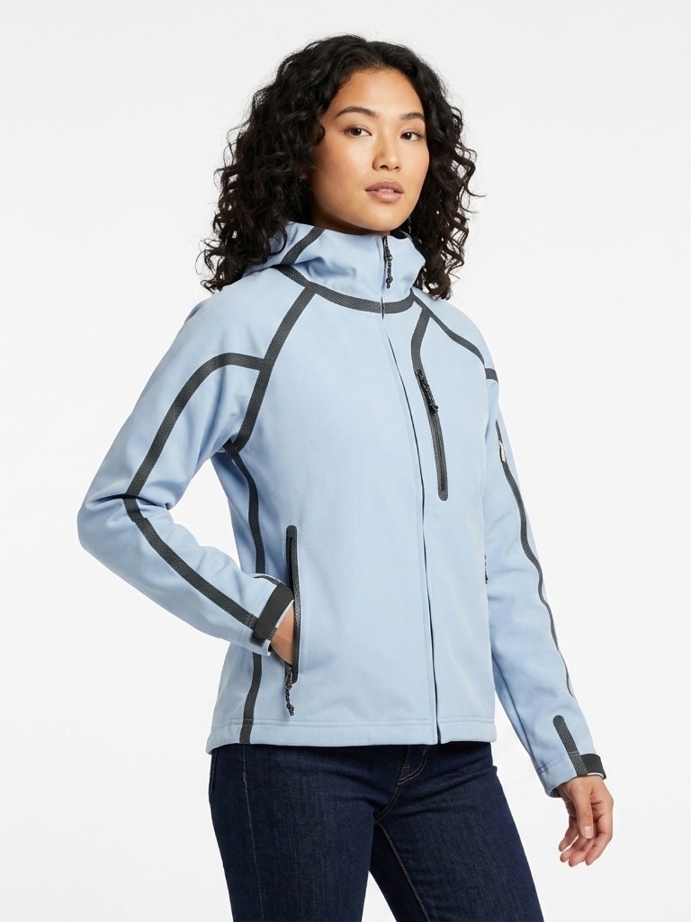 Mountain Hardwear Synchro Hooded Taped Seam Softshell Jacket Light Blue Womens L